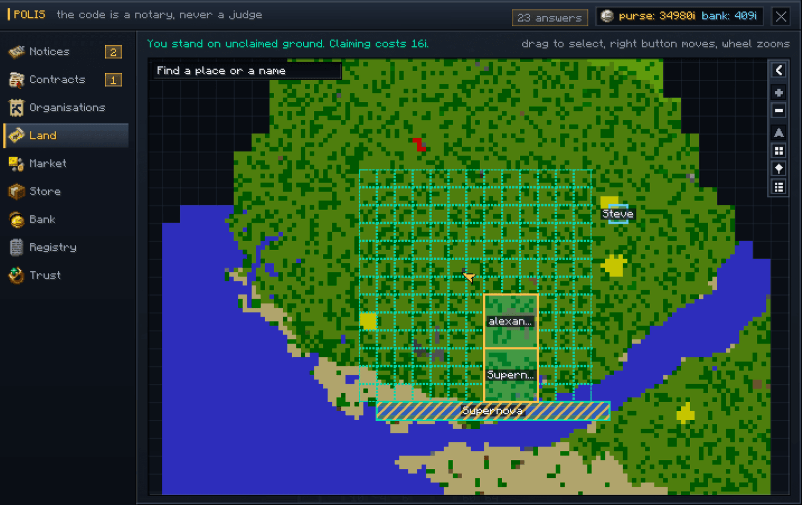 The land map: the chunk grid, players' homesteads and a city boundary