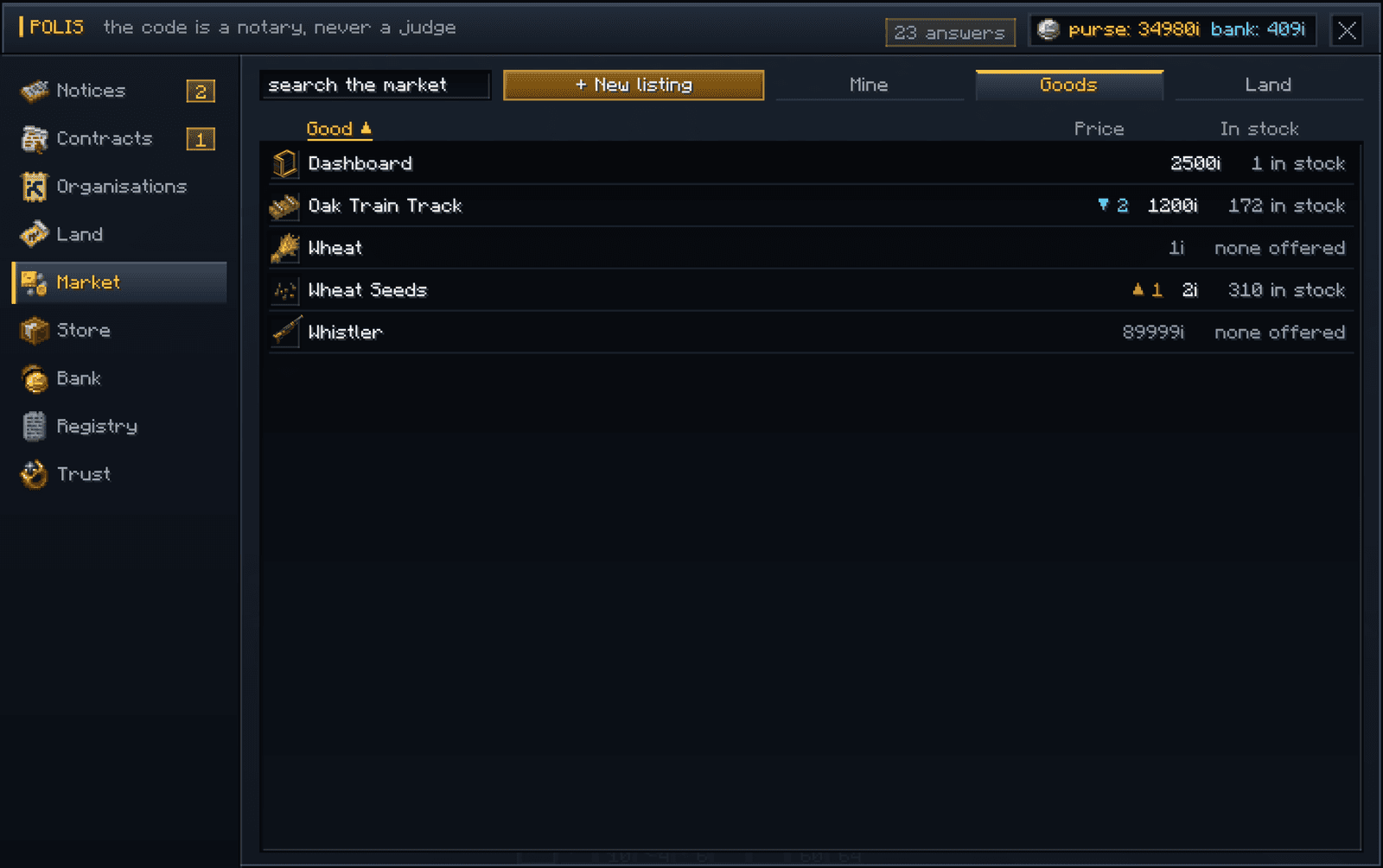 The market order book — the goods, and the prices they are offered at